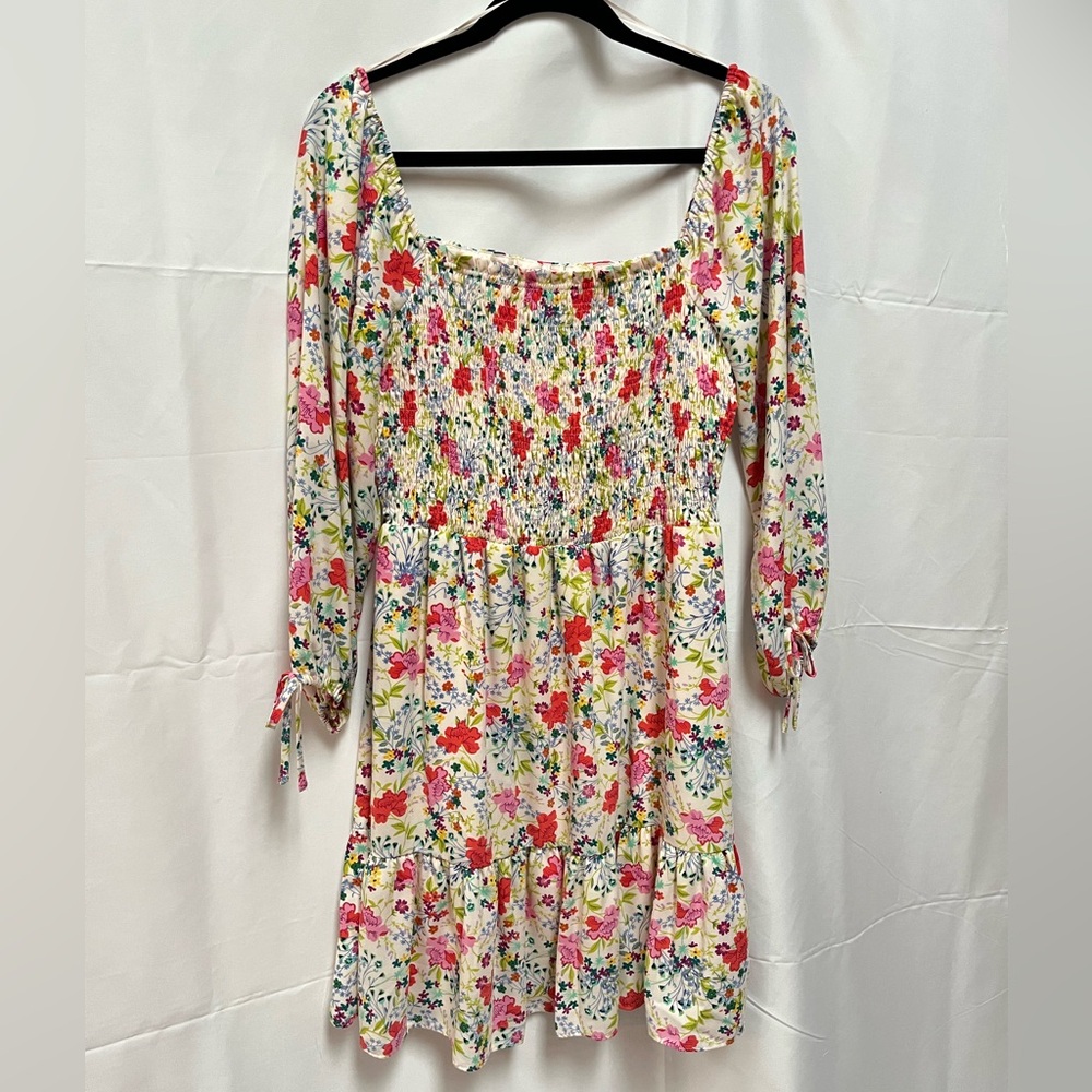 Floral Smocked White Dress with Pink & Red Flowers Sz M